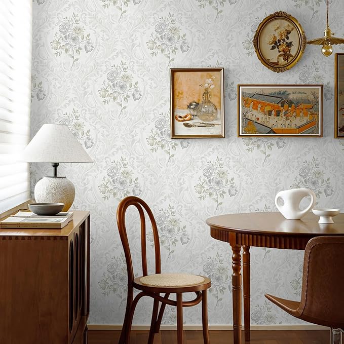 Ismoon Vintage Peel and Stick Wallpaper Floral Contact Paper Boho White and Grey Watercolor Damask Wallpaper Textured Removable Self Adhesive Vinyl Wall Paper for Bedroom, 17.3 in X 16.4ft