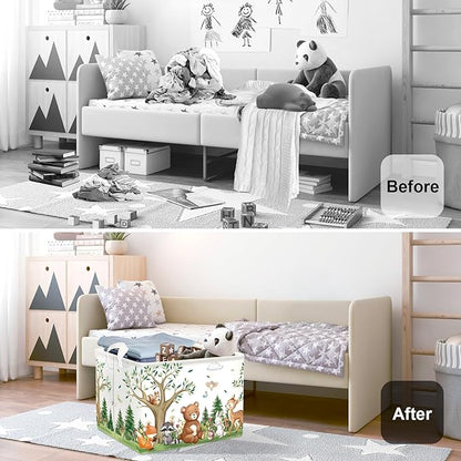 Forest Animals Laundry Hamper Woodland Tree Large Storage Basket Parents Organizer Kids Clothes Toy Bins for Bedroom, Bathroom, Bear, 36L