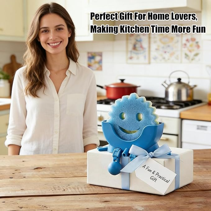 Cute Hanging Sponge Holder with Drainage,3D Printed Kitchen Funny Sponge Stand for Sink,with non-slip pads,Suitable for Scrub Daddy Holder,Keeps Your Sponge Dry Smiling (Blue)