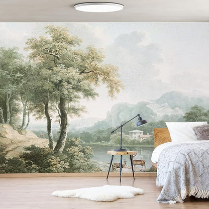Zeeko Vintage Forest Wall Murals Peel and Stick 148"x98" Canvas Waterproof Self-Adhesive Removable Wallpaper for Bedroom Living Room Green Countryside Landscape Wall Art Decor