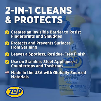 Zep Plus Stainless Steel Cleaner 32 oz (2 Units) & a Blue Microfiber Rag ECBD022 - Streak-Free Fingerprint Removal for Stainless Steel Appliances