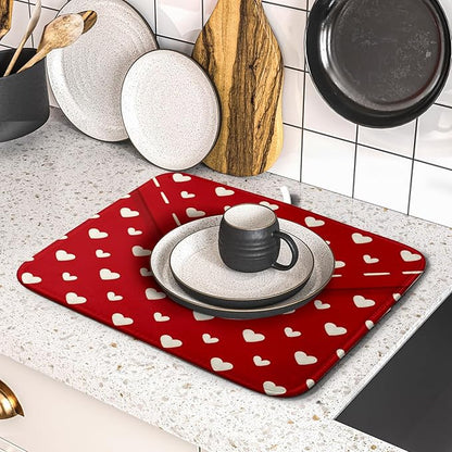 Valentines Day Dish Drying Mat for Kitchen Counter 16x18 Cream Red Love Heart Valentines Holiday Themed Absorbent Reversible Microfiber Drying Mats Kitchen Countertop Protector Dishes Drainer Pad