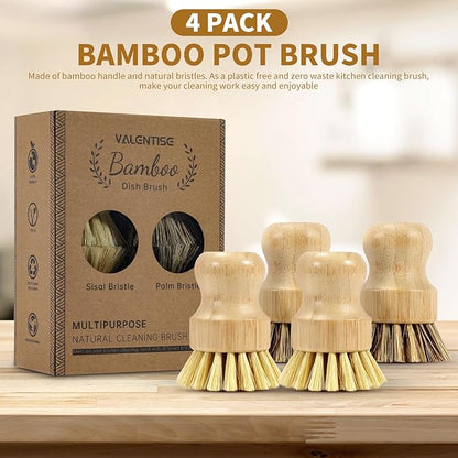 4 Pack Bamboo Dish Brush Set, Natural Palm Dish Scrubber for Pots and Vegetables, Sisal Bristle Bamboo Scrub Brush for Cleaning Dishes and Pans