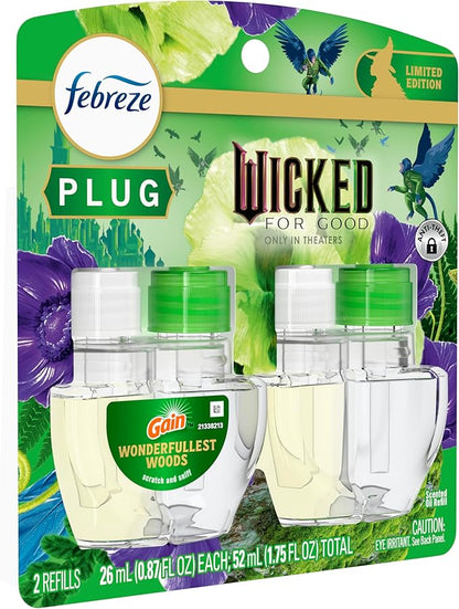 Febreze Plug In Air Freshener, "Wicked: For Good" Limited Edition Odor-Fighting Scented Oil Refill, Air Fresheners for Home and Bathroom and Kitchen, Long Lasting, Wonderfullest Woods, 2 Count