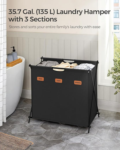 SONGMICS Laundry Hamper, Laundry Basket, 35.7 Gal. Laundry Sorter 3 Sections, Collapsible X-Frame, Clothes Organizer with Customizable Labels, Laundry Room, Bedroom, Bathroom, Ink Black ULCB130B01