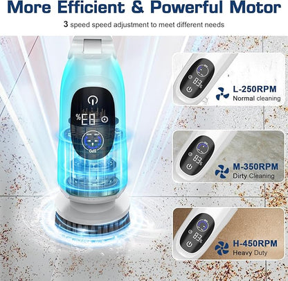 Electric Spin Scrubber, 200Mins Runtime Bathroom Scrubber with 3-Speed & LCD Display, 53IN Extendable Handle, Full-Body IPX7 Shower Scrubber with 8 Heads for Bathtub Kitchen Floor Grout