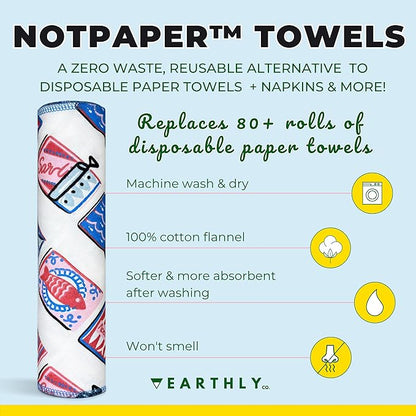 Reusable Paper Towels - 10 PACK - Roll of Washable Cotton Cloth Paper Towels - Paperless Reusable Napkins Cloth Washable - Absorbent + Long Lasting - Zero Waste Products - (Sardine Social)