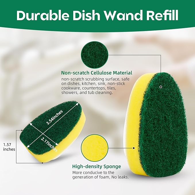 Non Scratch Dishwand Refills 6 Pack, Non-Scratch Replacement Sponge Heads for Dish Wand, Scratch-Free Dishwashing Soap Dispensing Refills, Gentle Scrubber Pads for Kitchen Dishes Sink Cleaning