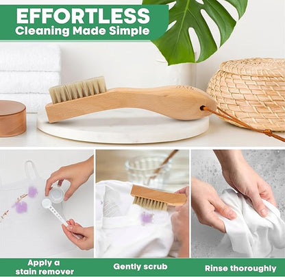 Laundry Brush Stain Remover Scrubber with Soft White Boar Bristles for Delicate Baby Clothes, Compact Design, Pre-Treat Clothing, Shoes and Fabrics