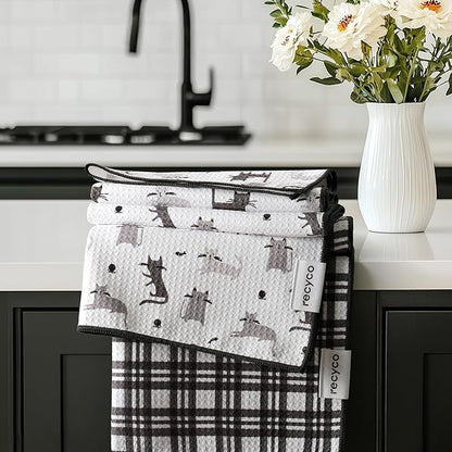 RECYCO Waffle Kitchen Towel Set of 2 - Quick Dry Microfiber Sustainable Dish Towels - Absorbent Reusable Cleaning Tea Towels - Lightweight Hand Towels,16”x 28”, Shadow Meow