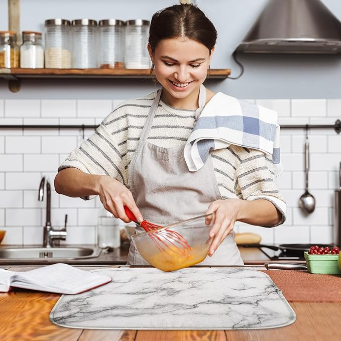Sanwarm Absorbent Dish Drying Mat, Marble Gray Stone Paint Microfiber Pad for Kitchen Counter, Coffee Bar Decor, Heat Resistant and Reversible, 18" x 24"