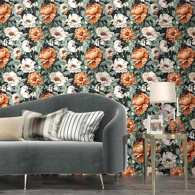 Floral Wallpaper Peel and Stick, Vintage Large Blooming Flowers Contact Paper 17.5" x 393.7", Retro Wall Paper Self Adhesive Removable Waterproof for Room Walls Shelves Cabinet Table (Orange, Green)