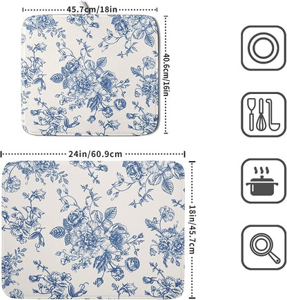 Vintage Blue Floral Dish Drying Mat for Kitchen Counter 16x18 Inch Chinoiserie Flowers Absorbent Reversible Microfiber Dish Pad Dish Drainer Rack Mats Countertops Protector Mat