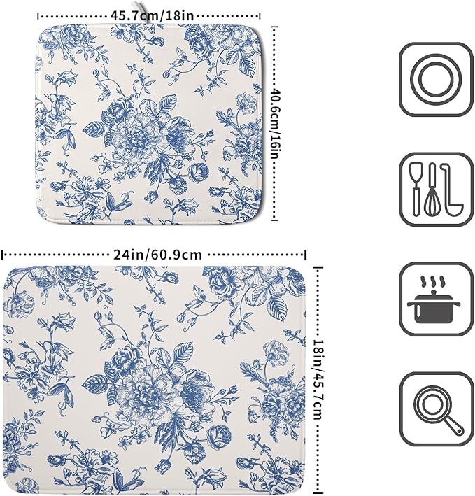 Vintage Blue Floral Dish Drying Mat for Kitchen Counter 18x24 Inch Chinoiserie Flowers Absorbent Reversible Microfiber Dish Pad Dish Drainer Rack Mats Countertops Protector Mat