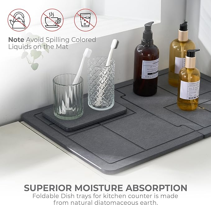 Large Stone Dish Drying Mat for Kitchen Counter, Dividable Quick Dry Stone Dishes Mats, Detachable Water Absorbing Diatomaceous Earth Drying Organizer Pad for Rack Bottles(Dark Gray 24"×16" & 8"x5")