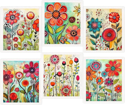 Morigins 6-Piece Spring Flowers Dishcloth Set - Fast-Drying, Absorbent Kitchen Towels