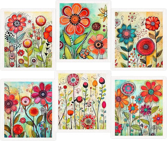 Morigins 6-Piece Spring Flowers Dishcloth Set - Fast-Drying, Absorbent Kitchen Towels