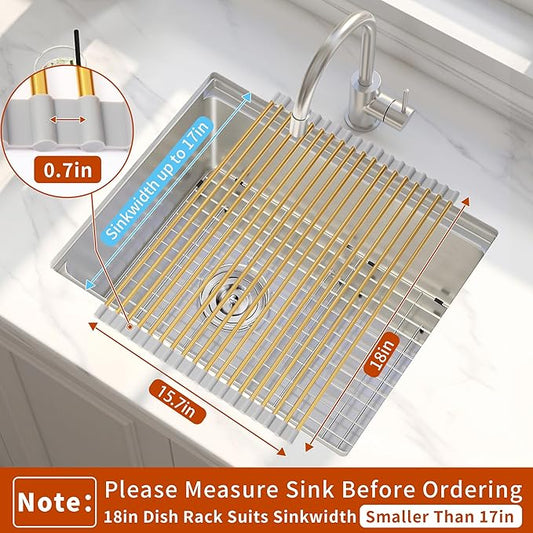 Golden Roll-UP Dish Drying Rack-Large Stainless Steel Dish Drainer Over The Sink for Kitchen Countertop, Applicable for Sink Width Less Than 16.5in (Gold,17.8'x 15.7')