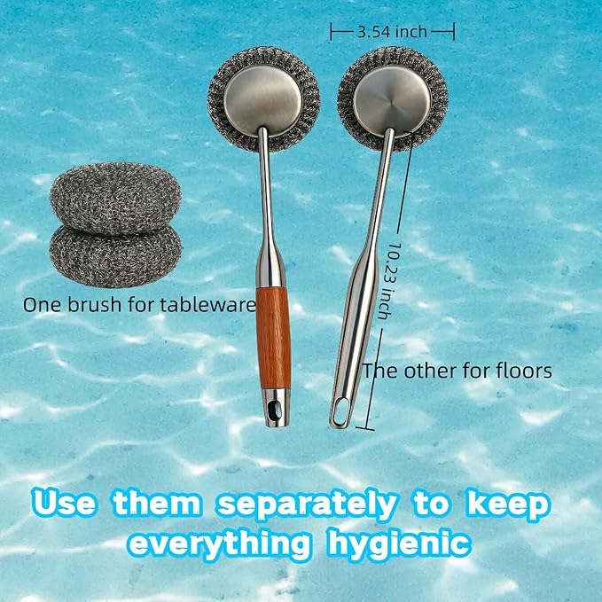 Stainless Steel Scrubber Set, Steel Wool & Steel Ball Cleaning Brush with Replaceable Heads, Heavy Duty Steel Cleaner for Oven, Stove, Dishes & Grill,4Pcs Includes 2 Pcs Pads