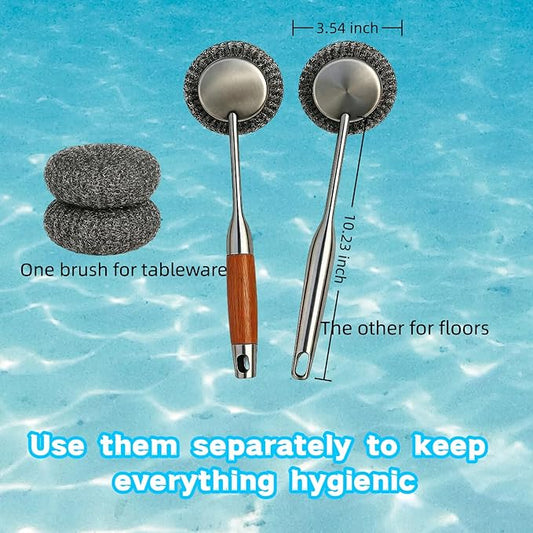 Stainless Steel Scrubber Set, Steel Wool & Steel Ball Cleaning Brush with Replaceable Heads, Heavy Duty Steel Cleaner for Oven, Stove, Dishes & Grill,4Pcs Includes 2 Pcs Pads
