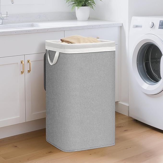 STORAGE MANIAC Metal Frame Laundry Hamper with Lid, 90L Tall Laundry Baskets with Removeable Bag, Large Clothes Hamper with PU Tag, Laundry Bin for Dorm, Collage, Bathroom, Bedroom, Gray