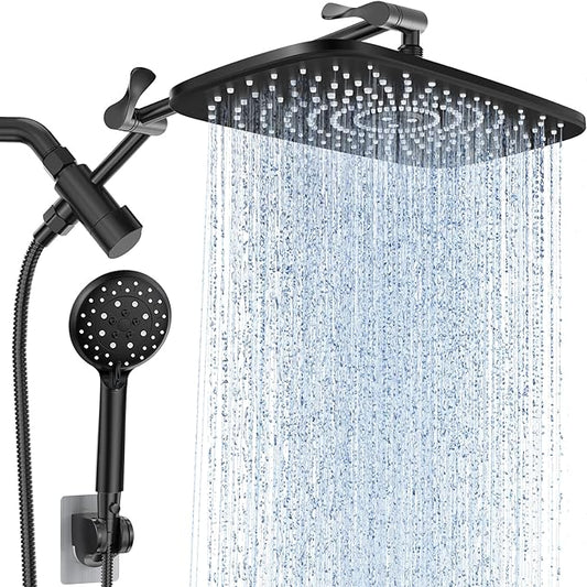 Veken Wide High Pressure Rain Shower Head with Handheld, Handheld Shower Heads with Multi Spray Modes, Rainfall Combo with 15" Metal Extension Arm, Detachable Dual Shower, 1.8GPM, Matte Black