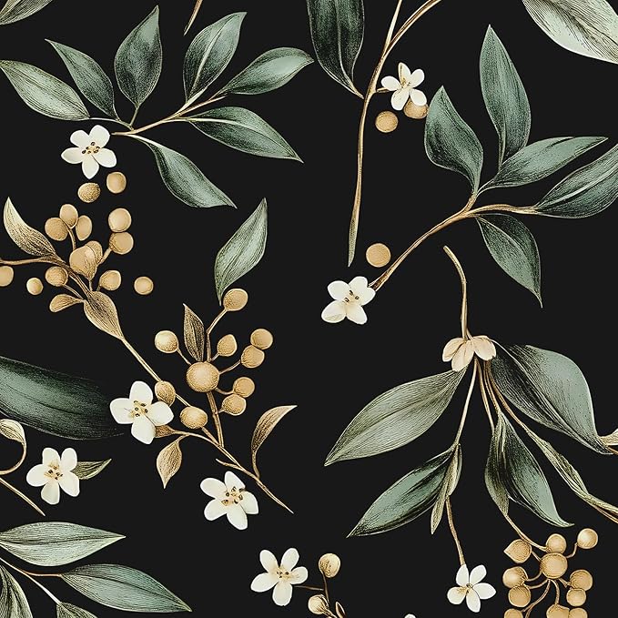 Black Green Floral Peel and Stick Wallpaper, 17.5" x 197" Vintage Dark Green Leaf Botanical Self-Adhesive Contact Paper for Bathroom Bedroom Kitchen Cabinet Drawer Vinyl Wall Paper Dark Green