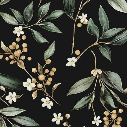 Dark Peel and Stick Wallpaper Vintage – Dark Green Leaf Removable Self-Adhesive Vinyl for Bathroom Bedroom Kitchen Drawer Cabinet, Black Green Gold Floral Wall Decor Retro Style 17.5" x 118"