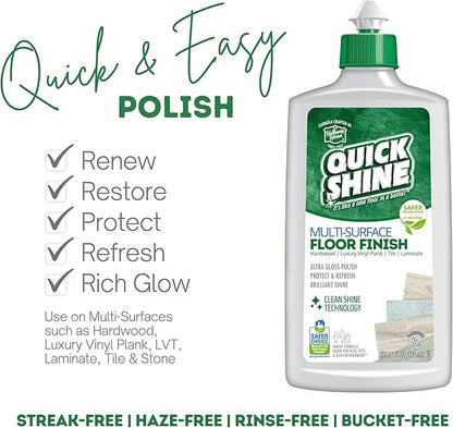 Quick Shine Multi Surface Floor Clean + Polish Mop Kit w/ 3 Reusable Pads & 1-16 oz. Floor Finish | Use Wet + Dry | Hardwood, Luxury Vinyl Plank, Laminate | Safer Choice pH Neutral Formula