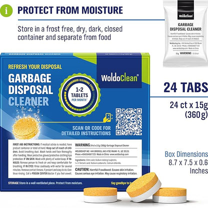 WoldoClean Garbage Disposal Cleaner and Deodorizer Tablets - 24 Pack, Foaming Sink Drain Cleaner & Odor Eliminator, Fresh Citrus Scent, 1 Year Kitchen Cleaning Supply
