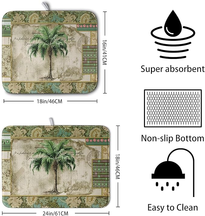 Palm Tree Kitchen Dish Drying Mat for Dishes 16x18 Inch Summer Vintage Tropical Leaves Green Jungle Plant Drying Mat Botanical Dish Drainer Mat Super Absorbent Dish Rack Pad for Coffee Bar Sinks