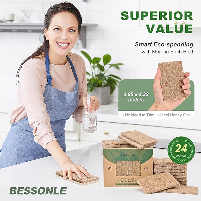 24 Pack Natural Scouring Pads - Heavy Duty Scrubbing Pads for Dishes - Non-Scratch - Reusable - Natural, Eco-Friendly, Biodegradable Sisal Fibers Sponges for Dishes, Compostable