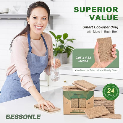 24 Pack Natural Scouring Pads - Heavy Duty Scrubbing Pads for Dishes - Non-Scratch - Reusable - Natural, Eco-Friendly, Biodegradable Sisal Fibers Sponges for Dishes, Compostable