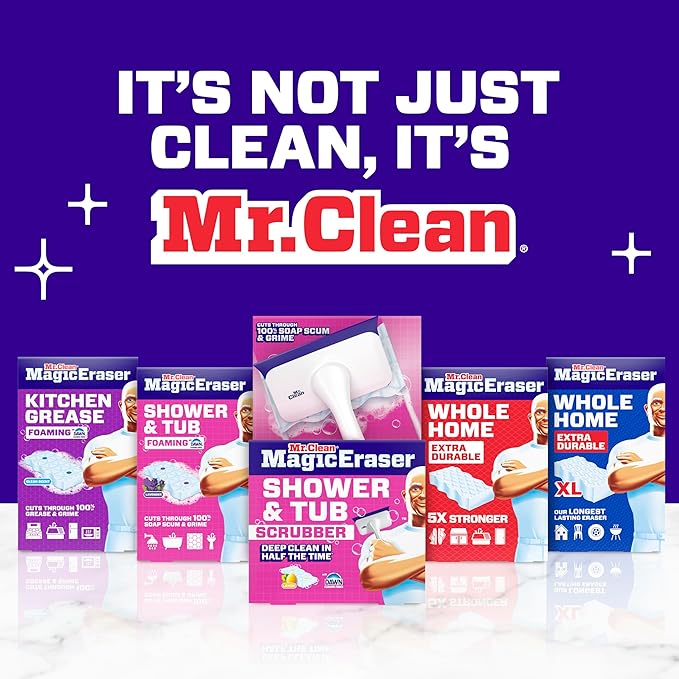 Mr. Clean Magic Eraser Sponge, Bathroom, Shower, Tub Cleaner, Soap Scum Remover, Bathroom Cleaning Supplies, Dawn Cleaning Power with Lemon Scent, Shower & Tub, 8ct