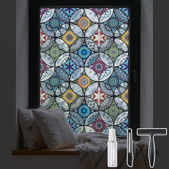 DKTIE Static Cling Decorative Window Film with Installation Tools Non Adhesive Privacy Film Stained Glass Window Film for Bathroom Shower Door Heat Cotrol Anti UV 17.7 x 118.1 Inch