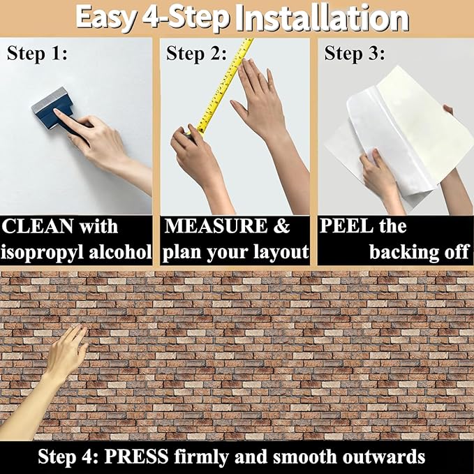 3D Wall Panels Peel and Stick - 10 Pack Brick Textured PVC Panels, Waterproof Self-Adhesive Wall Tiles for Accent Walls, Kitchen, Bathroom, Bedroom & Office Decor