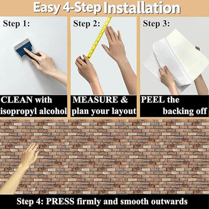 3D Wall Panels Peel and Stick - 10 Pack Brick Textured PVC Panels, Waterproof Self-Adhesive Wall Tiles for Accent Walls, Kitchen, Bathroom, Bedroom & Office Decor (Large Brown Brick)