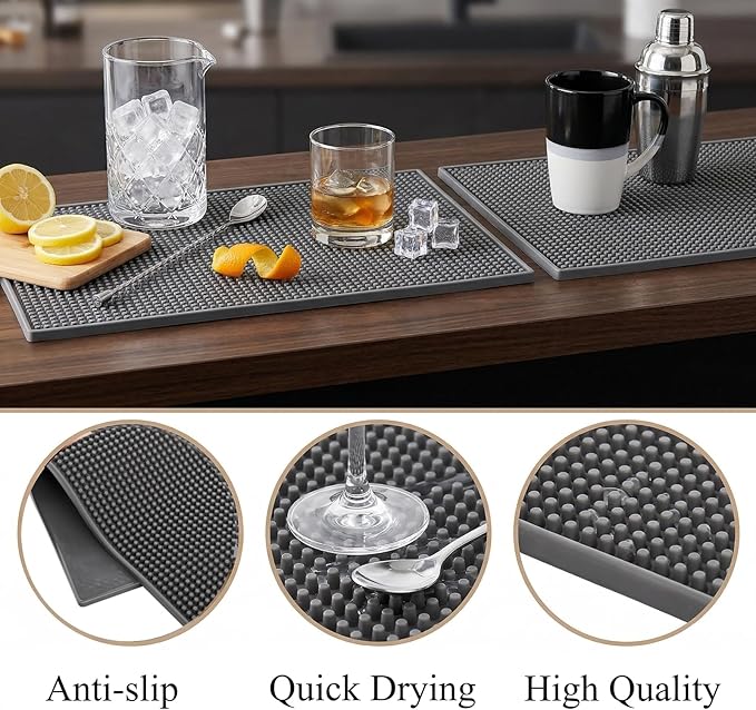 Tebery 3 Pack Rubber Bar Mat 18 x 12, Thick Durable and Stylish Bar Service Spill Mat, Non Slip Non-Toxic Grey Service Mat for Coffee, Bars, Restaurants Counter Top