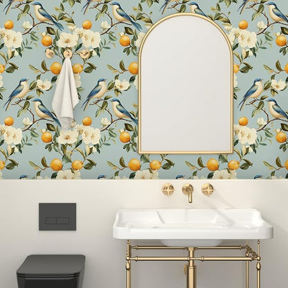 Laatse Birds Wallpaper Peel and Stick, Blue Vintage Floral Fruits Contact Paper 17.5" x 393", Botanical Wall Paper Self Adhesive Removable Waterproof for Bathroom Bedroom Shelf Cabinet Drawer Table