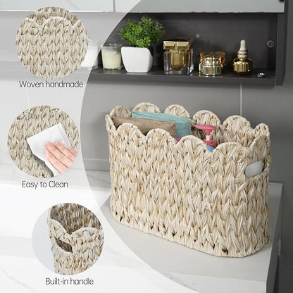 Toilet Paper Storage Basket,Boho Decorative Scalloped Baskets,Coastal Bathroom Decor,Hand-Woven Plastic Wicker Bathroom Accessories Organizer