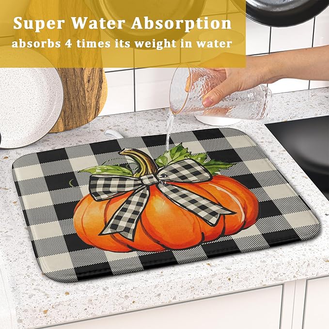 Fall Dish Drying Mat for Kitchen Counter 16x18 Autumn Pumpkin Plaid Theme Thanksgiving Day Absorbent Reversible Microfiber Drying Mats Kitchen Countertop Protector Dishes Drainer Pad