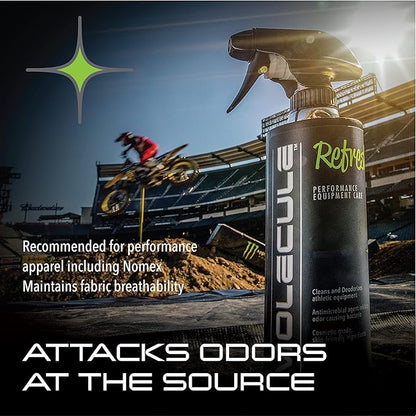 Molecule Refresh Spray | Performance Apparel Care | Cleans and Deodorizes Racing Suites & Technical Fabrics | Signature Fresh Scent | 4 Ounces