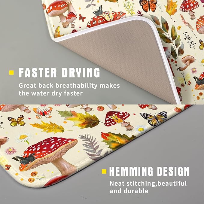 Forest Mushroom Dish Drying Mats Wild Plant Butterfly Kitchen Sink Rack Mats 16 X 18 Inch