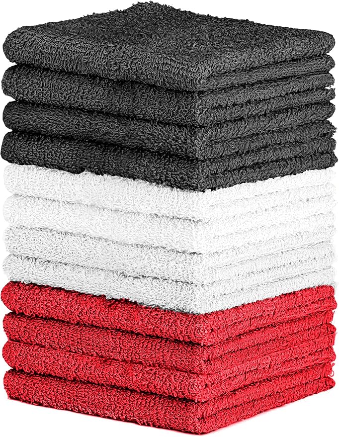 100% Cotton Washcloth Set – Soft, Absorbent Face Towels for Bathroom & Gym Use – Durable & Reusable Wash Cloths - Dark Grey, White & Burgundy, 12x12 Inches, Pack of 12