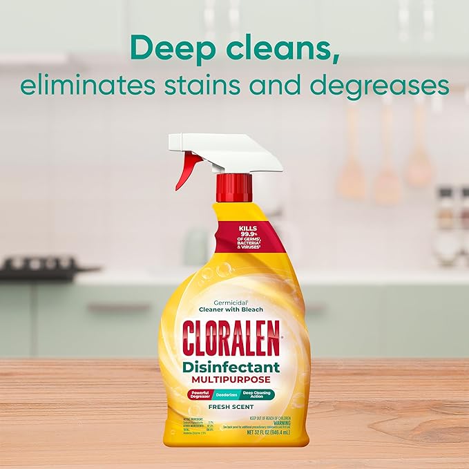 Cloralen All Purpose Cleaner with Bleach Spray - 32 fl oz - Fresh Scent - 3-in-1 Multipurpose Cleaner Spray - Deep Cleans, Eliminates Stains & Degreases