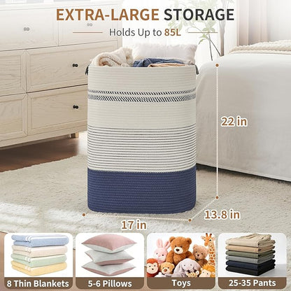 Large Laundry Basket - Tall Woven Rope Laundry Hamper with Leather Handles - Dirty Clothes hamper for Living room, Bedroom, 17" X 13.8" X 22", Dark Blue & White