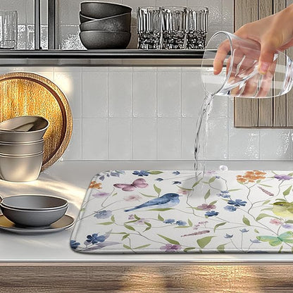 Spring Floral Birds Dish Drying Mats Spring Summer Dish Mat Green Leaf Butterfly Drying Matt Dishes Dryer Pad for Kitchen Counter Absorbent Microfiber Washable Foldable Reusable 18x24 in