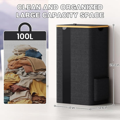 BlissTotes Laundry Basket with Lid, 100L Clothes Laundry Hamper with Handles and Removable Laundry Bag, Breathable Design Hamper with Lid for Bedroom, Bathroom, Dorm, Laundry Room - Dark Grey