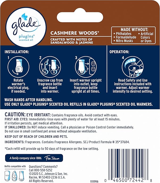 Glade PlugIns Refills Air Freshener, Scented and Essential Oils for Home and Bathroom, Cashmere Woods, 1.34 Fl Oz, 2 Count