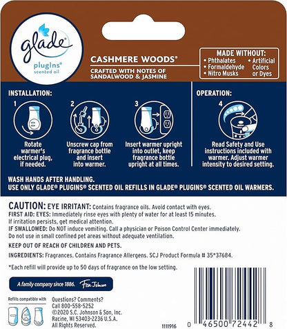Glade PlugIns Refills Air Freshener, Scented and Essential Oils for Home and Bathroom, Cashmere Woods, 1.34 Fl Oz, 2 Count